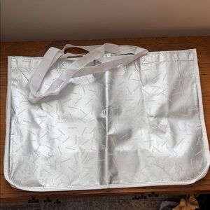 White & Silver Rare Wide Tote Bag with Lulu Logo Pattern